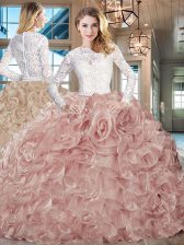 Beauteous Pink And White Scoop Neckline Beading and Ruffles Ball Gown Prom Dress Long Sleeves Lace Up