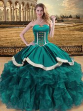 Spectacular Sweetheart Sleeveless Quinceanera Gowns Floor Length Beading and Ruffles Teal Organza