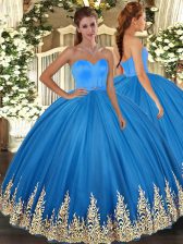 Classical Blue Sleeveless Floor Length Appliques Lace Up Quinceanera Gowns