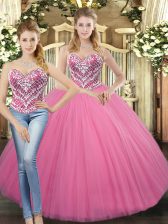  Sweetheart Sleeveless Quinceanera Gown Floor Length Beading Rose Pink Tulle