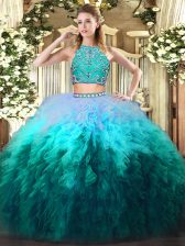 Fitting Multi-color High-neck Zipper Beading and Ruffles Quince Ball Gowns Sleeveless