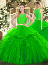 Stunning Green Tulle Zipper Scoop Sleeveless Floor Length 15th Birthday Dress Ruffles