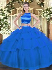  Blue 15 Quinceanera Dress Military Ball and Sweet 16 and Quinceanera with Ruffled Layers High-neck Sleeveless Criss Cross