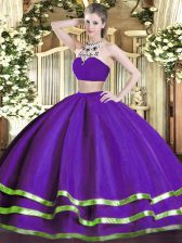 Custom Designed Purple Sleeveless Tulle Backless Quince Ball Gowns for Military Ball and Sweet 16 and Quinceanera