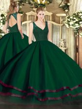  Dark Green A-line Beading and Ruffled Layers Quince Ball Gowns Zipper Tulle Sleeveless Floor Length
