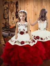  Satin and Tulle Straps Sleeveless Lace Up Embroidery and Ruffles Little Girls Pageant Dress in Wine Red