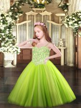 Amazing Yellow Green Tulle Lace Up Pageant Dress for Teens Sleeveless Floor Length Appliques
