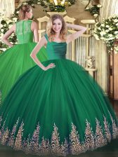 Great Dark Green Ball Gowns Tulle Straps Sleeveless Lace and Appliques Floor Length Zipper Quinceanera Dress