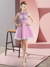 Excellent A-line Prom Evening Gown Rose Pink Bateau Chiffon Sleeveless Mini Length Zipper