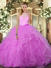 Captivating Lilac Tulle Backless High-neck Sleeveless Floor Length 15 Quinceanera Dress Ruffles