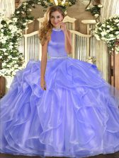 Graceful Sleeveless Floor Length Beading and Ruffles Backless Sweet 16 Dress with Lavender