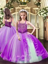 Luxurious Lilac Ball Gowns Beading High School Pageant Dress Lace Up Tulle Sleeveless Floor Length