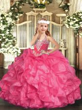  V-neck Sleeveless Organza Little Girl Pageant Gowns Beading and Ruffles Lace Up