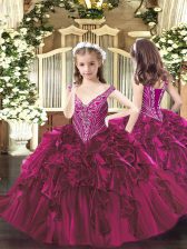 Fantastic Fuchsia Lace Up High School Pageant Dress Beading and Ruffles Sleeveless Floor Length