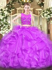 Comfortable Floor Length Zipper Sweet 16 Dresses Lilac for Military Ball and Sweet 16 and Quinceanera with Beading and Ruffles