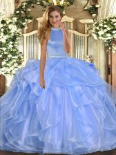  Blue Vestidos de Quinceanera Military Ball and Sweet 16 and Quinceanera with Beading and Ruffles Halter Top Sleeveless Backless