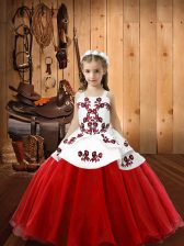  Sleeveless Organza Floor Length Lace Up High School Pageant Dress in White And Red with Embroidery