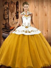  Halter Top Sleeveless Sweet 16 Dress Floor Length Embroidery Gold Satin and Tulle