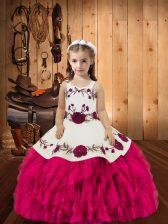  Sleeveless Organza Floor Length Lace Up Little Girls Pageant Gowns in Fuchsia with Embroidery and Ruffles