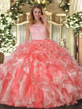  Lace and Ruffles Quinceanera Dress Coral Red Clasp Handle Sleeveless Floor Length