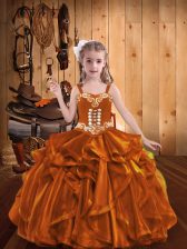 Eye-catching Straps Sleeveless Pageant Dress Womens Floor Length Embroidery and Ruffles Orange Organza