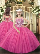 Great Straps Sleeveless Girls Pageant Dresses Floor Length Beading Hot Pink Tulle