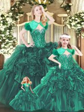  Sleeveless Organza Floor Length Lace Up Sweet 16 Dresses in Green with Beading and Ruffles