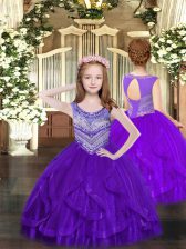  Purple Lace Up Kids Formal Wear Beading and Ruffles Sleeveless Floor Length