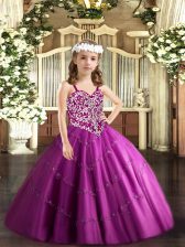 Gorgeous Floor Length Fuchsia Little Girl Pageant Dress Tulle Sleeveless Beading and Appliques