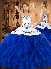 Beauteous Sleeveless Satin and Organza Floor Length Lace Up Quinceanera Gown in Blue And White with Embroidery and Ruffles