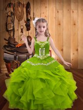 Sweet Organza Sleeveless Floor Length Girls Pageant Dresses and Embroidery and Ruffles