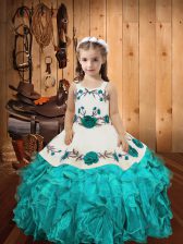 Beautiful Straps Sleeveless Lace Up Pageant Gowns For Girls Aqua Blue Organza