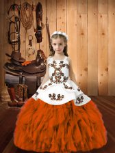  Orange Red Organza Lace Up Kids Pageant Dress Sleeveless Floor Length Embroidery and Ruffles