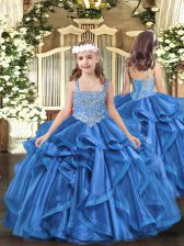  Baby Blue Lace Up Straps Beading and Ruffles Kids Formal Wear Organza Sleeveless