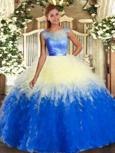 Elegant Multi-color Backless Scoop Lace and Ruffles Quinceanera Dress Organza Sleeveless