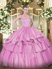 High End Sleeveless Floor Length Beading and Ruffled Layers Zipper 15th Birthday Dress with Lilac