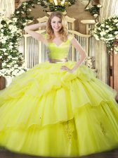 Fashion Floor Length Yellow Green Sweet 16 Dresses V-neck Sleeveless Zipper