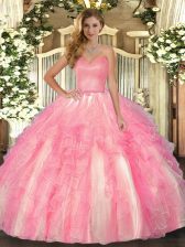 Best Rose Pink Sweetheart Lace Up Ruffles Quinceanera Gowns Sleeveless