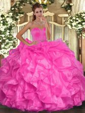  Hot Pink Organza Lace Up Vestidos de Quinceanera Sleeveless Floor Length Beading and Ruffles