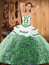 Modest Multi-color Ball Gowns Satin and Fabric With Rolling Flowers Strapless Sleeveless Embroidery With Train Lace Up Quinceanera Gowns Sweep Train