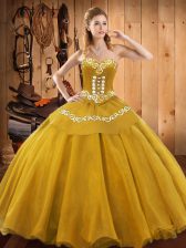 Modest Gold Quinceanera Gown Military Ball and Sweet 16 and Quinceanera with Embroidery Sweetheart Sleeveless Lace Up