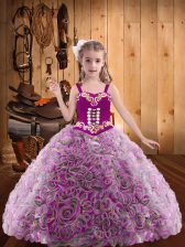 Super Multi-color Ball Gowns Embroidery and Ruffles Pageant Dress Toddler Lace Up Fabric With Rolling Flowers Sleeveless Floor Length