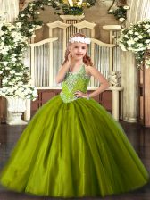 Latest Olive Green Kids Formal Wear Party and Quinceanera with Beading V-neck Sleeveless Lace Up
