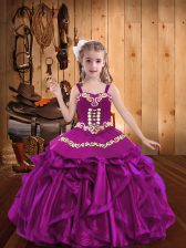 Super Fuchsia Sleeveless Floor Length Embroidery and Ruffles Lace Up Pageant Dress for Womens