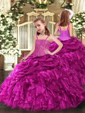  Straps Sleeveless Organza Little Girls Pageant Gowns Beading and Ruffles Lace Up