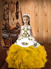  Gold Sleeveless Embroidery and Ruffles Floor Length Girls Pageant Dresses