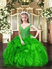 Customized Green Pageant Dress Womens Party and Quinceanera with Beading and Ruffles V-neck Sleeveless Lace Up