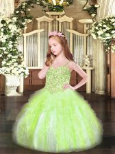  Sleeveless Lace Up Floor Length Appliques and Ruffles Little Girls Pageant Dress