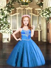  Baby Blue Lace Up Spaghetti Straps Beading Pageant Dress for Girls Tulle Sleeveless