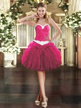  Sleeveless Mini Length Appliques and Ruffles Lace Up Prom Gown with Fuchsia